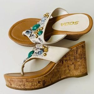 SODA wedge faux Cork thong Sandals w/ Gems